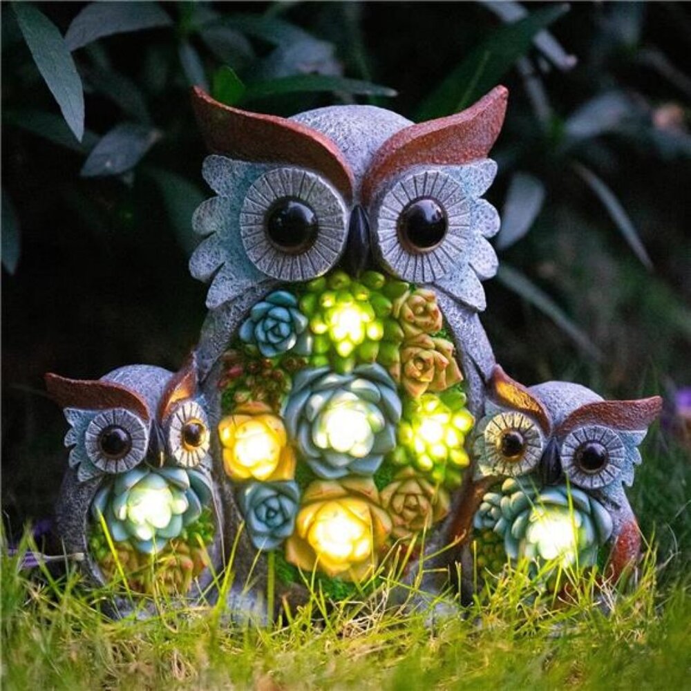 Solar Garden Statue Lights Owl Figurine with LED Lights, Succulent Ornaments